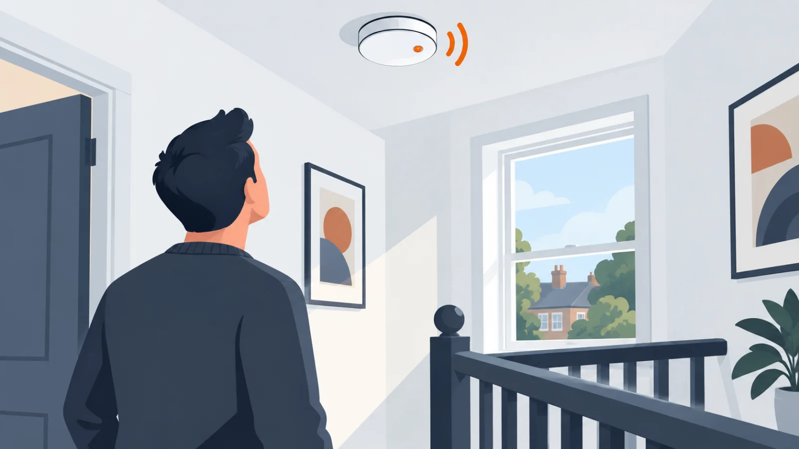 Homeowner on the upstairs landing of a UK house looking up calmly at a ceiling-mounted smoke alarm showing a small orange indicator light and sound marks, illustrating a smoke alarm that is beeping